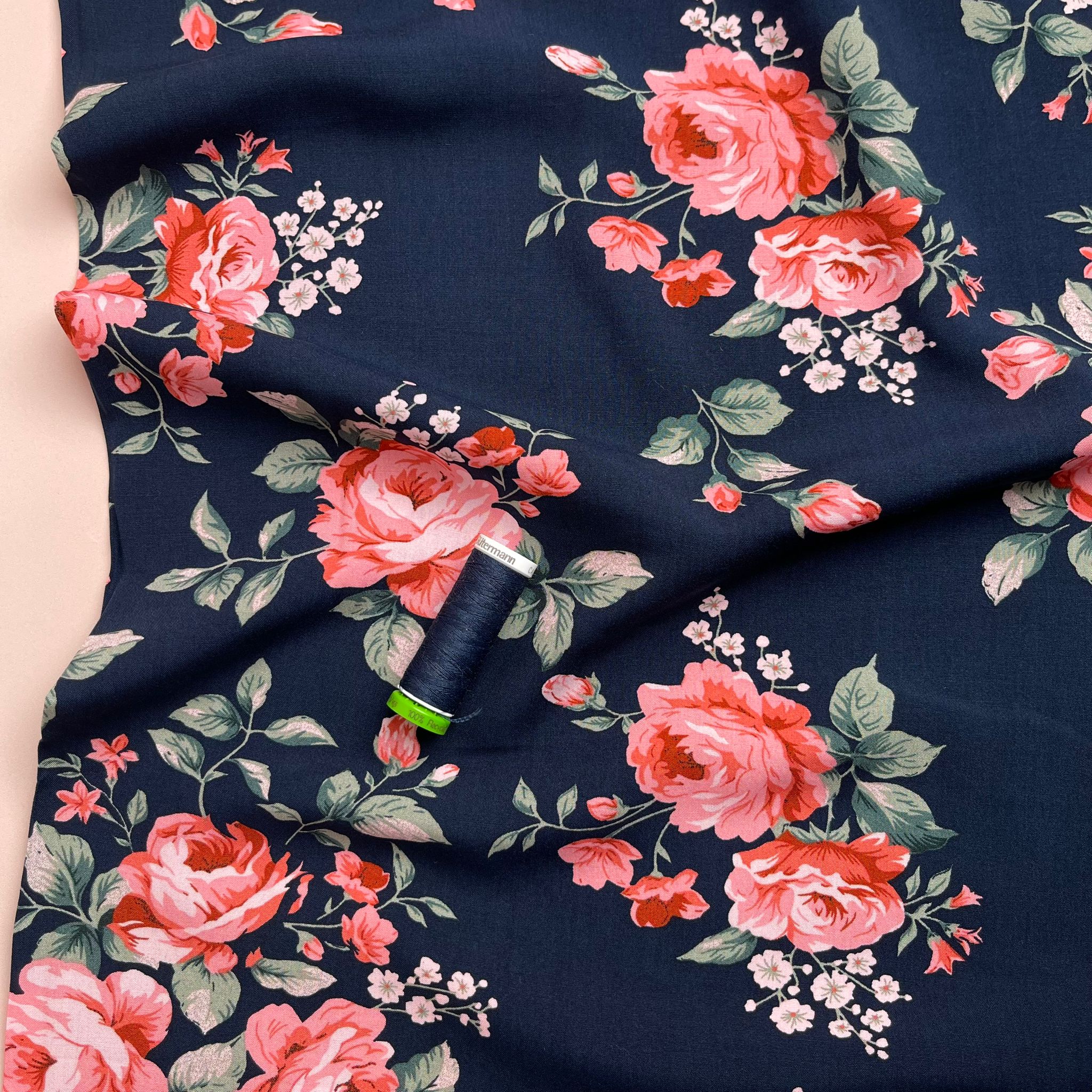 REMNANT 1.62 Metres - Roses on Navy Viscose Fabric