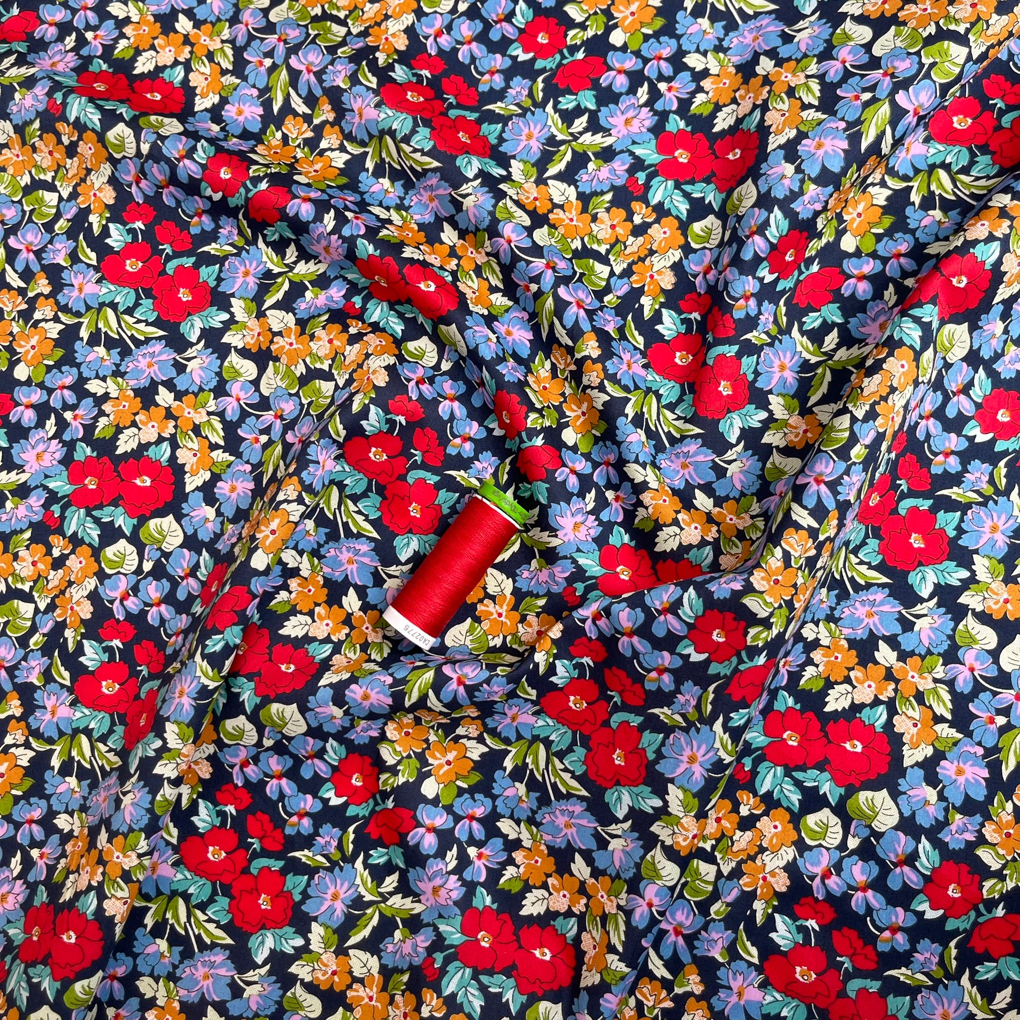 Ditsy Cottage Flowers Black Cotton Lawn Fabric