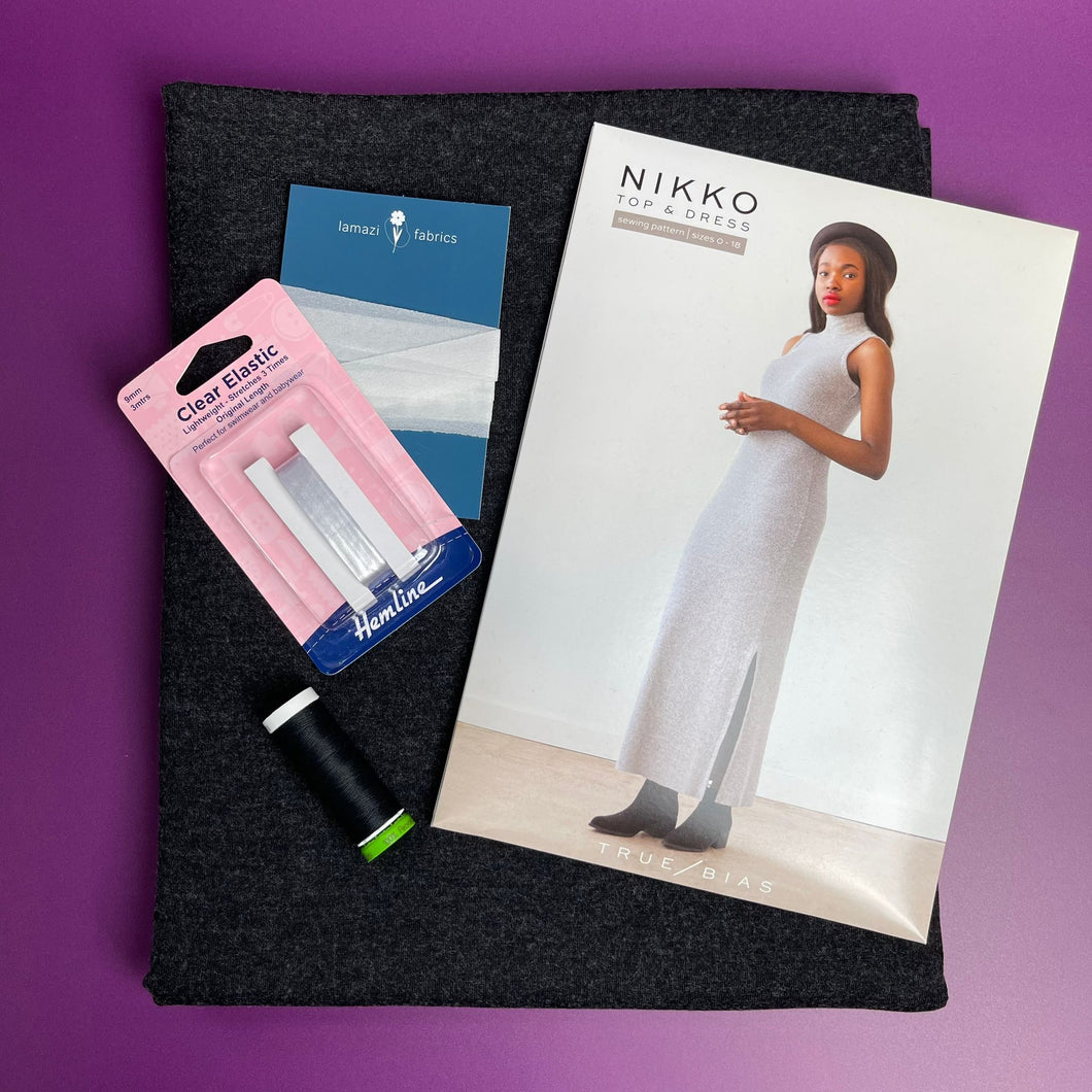 Sewing Kit -True Bias Nikko Kit with Allure Black Melange Soft Single Knit Fabric