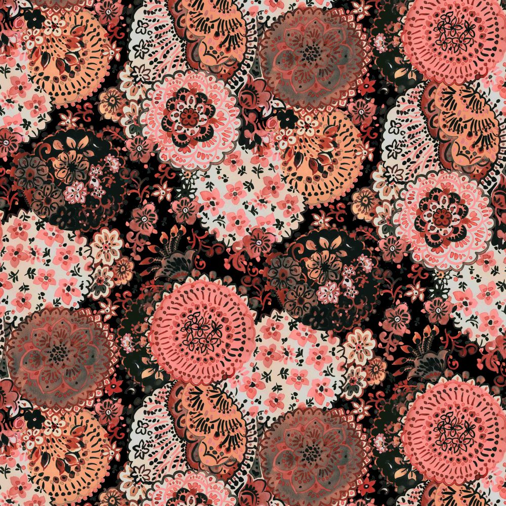Floral Circles on Black Cotton Poplin Fabric