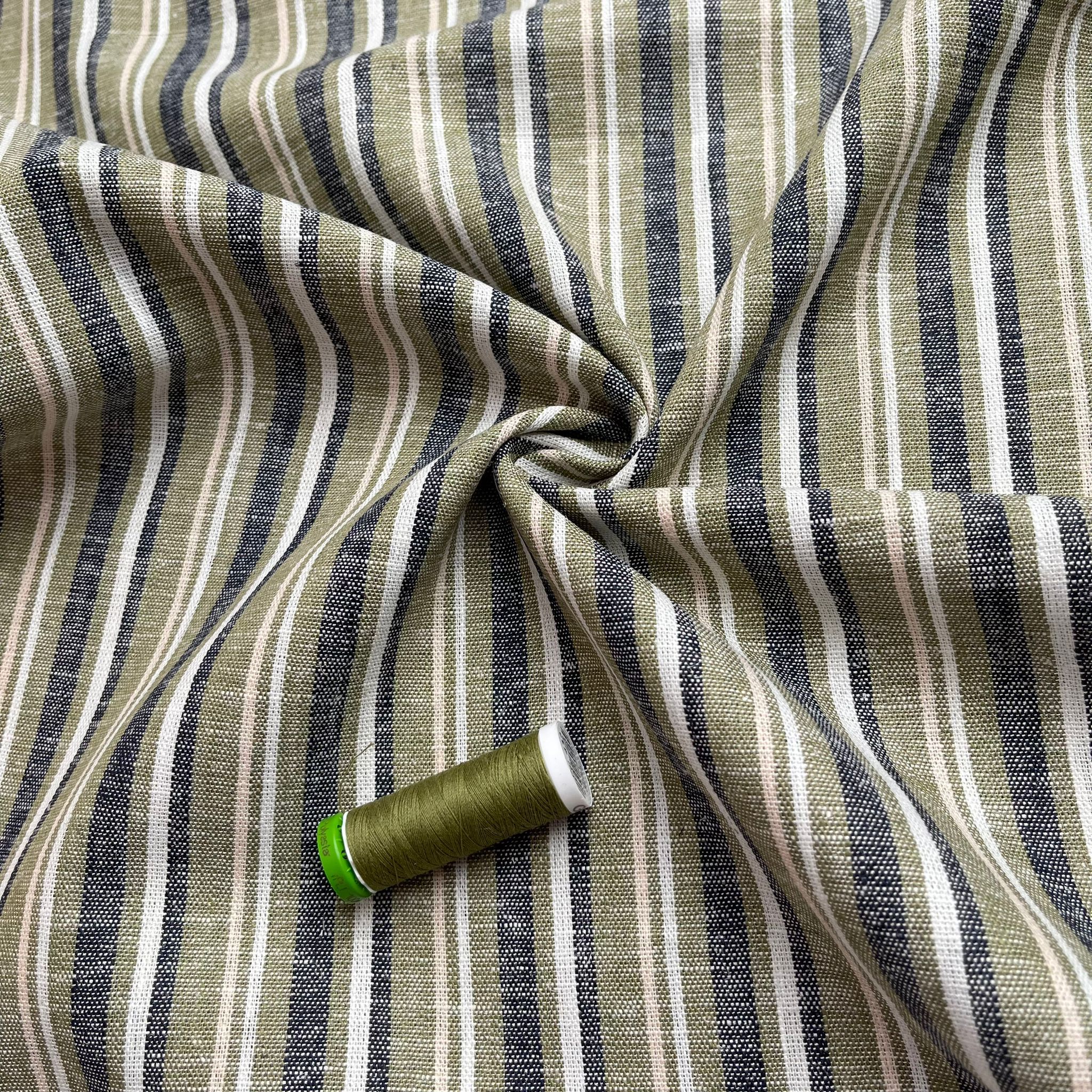 Yarn Dyed Striped LInen Viscose Blend Fabric in Olive & Navy