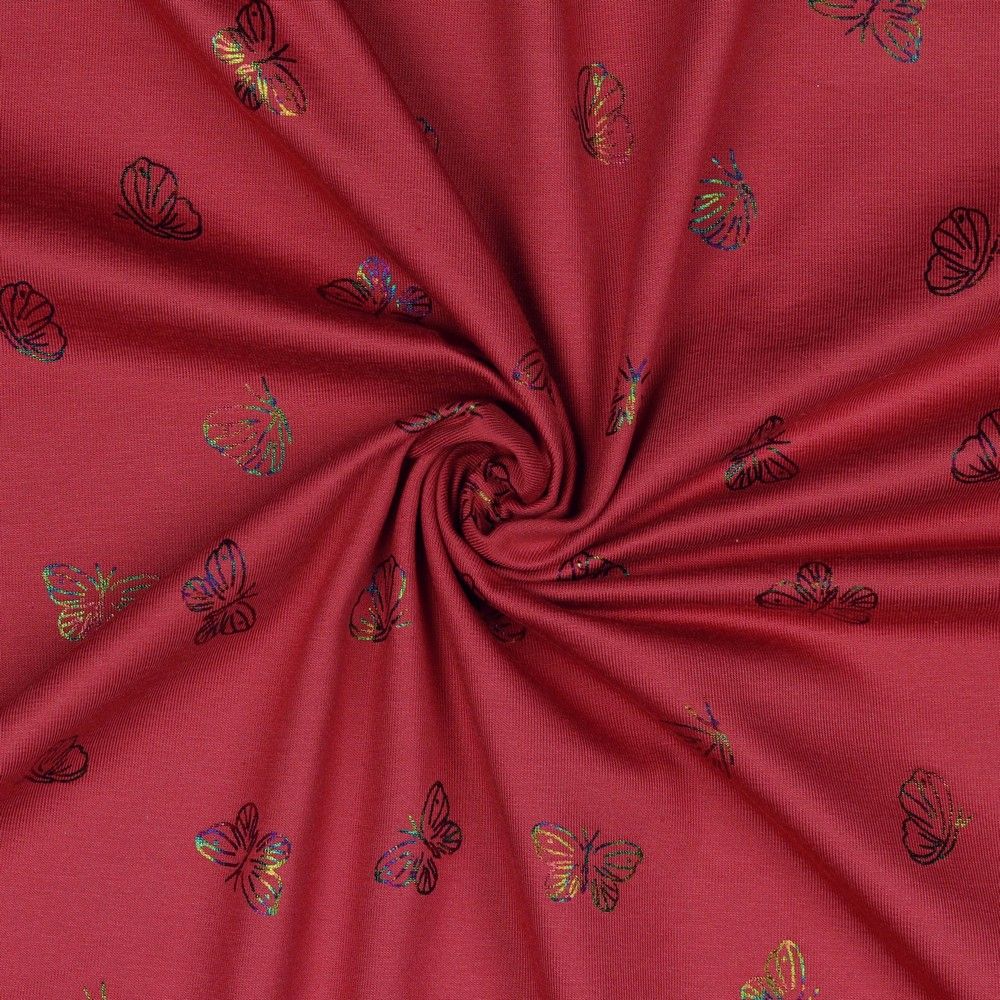 Rainbow Butterflies on Raspberry Cotton Jersey Fabric