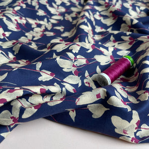 REMNANT 0.55 Metre - Fuchsia Petals on Navy Cotton Lawn Fabric