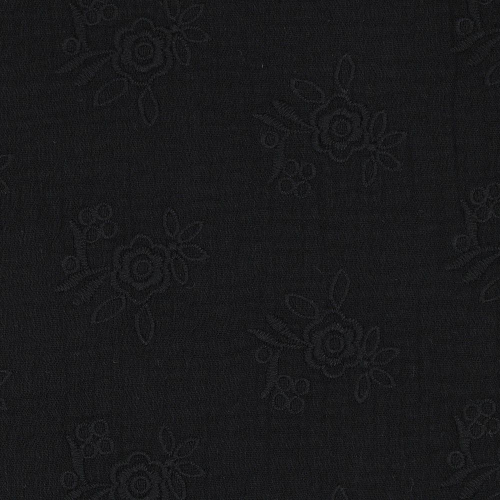 REMNANT 1.08 Metres - Embroidered Flowers Black Cotton Double Gauze