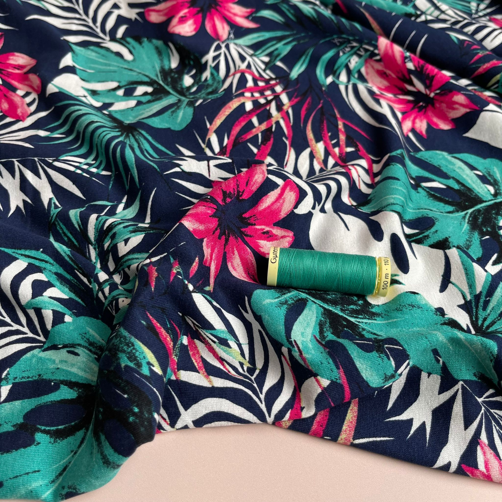 REMNANT 0.4 Metre - Tropical Leaves on Navy Viscose Jersey Fabric