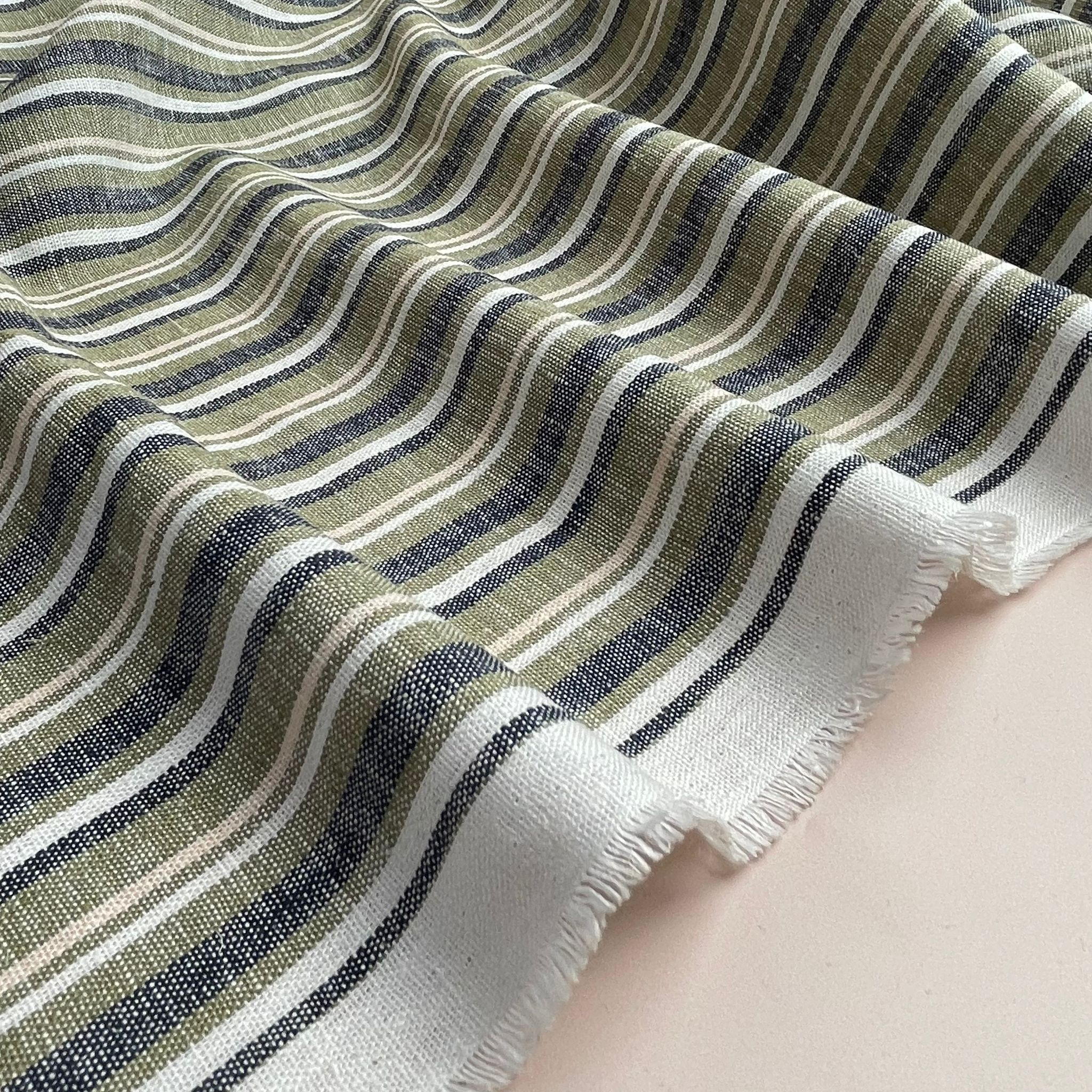 Yarn Dyed Striped LInen Viscose Blend Fabric in Olive & Navy
