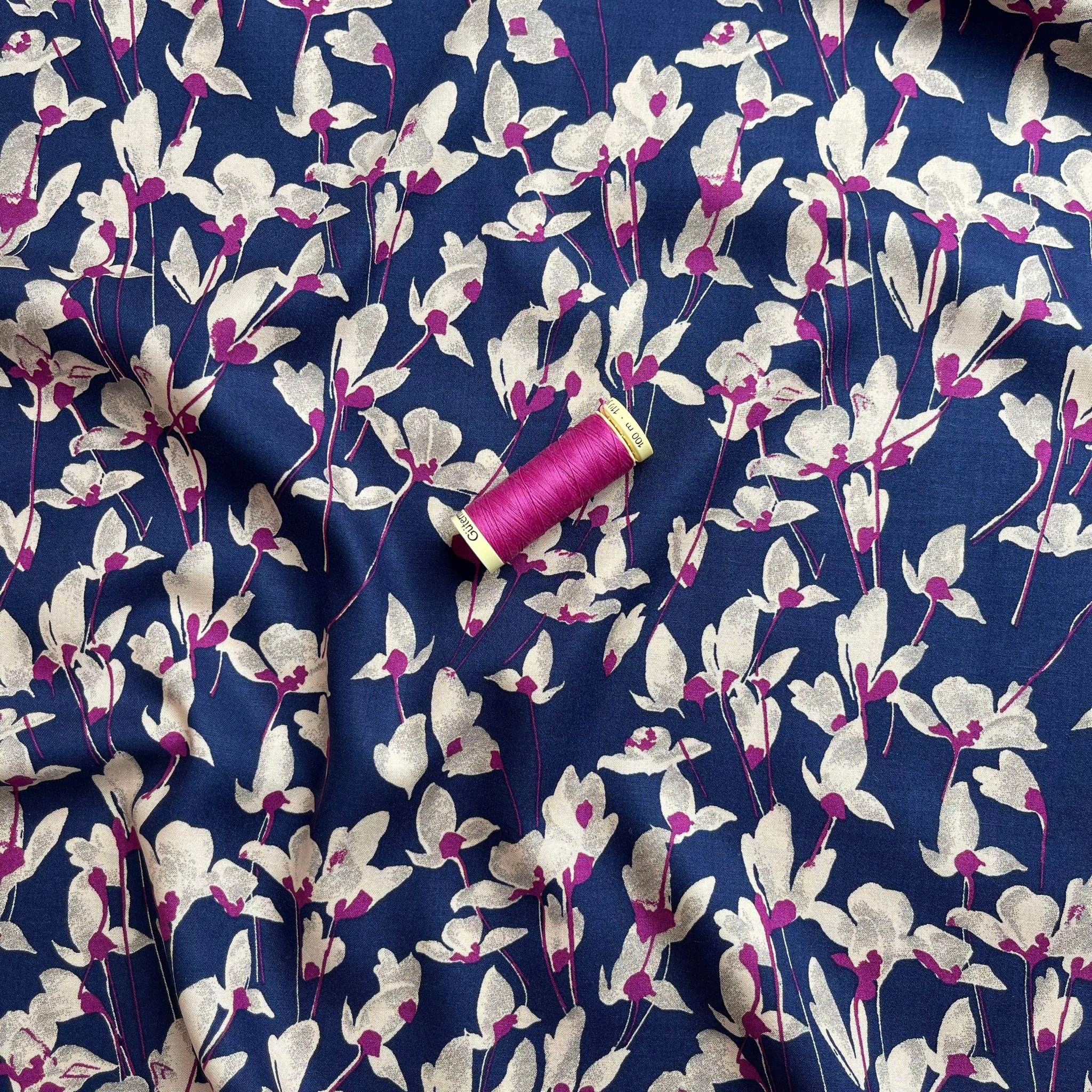 Fuchsia Petals on Navy Viscose Fabric