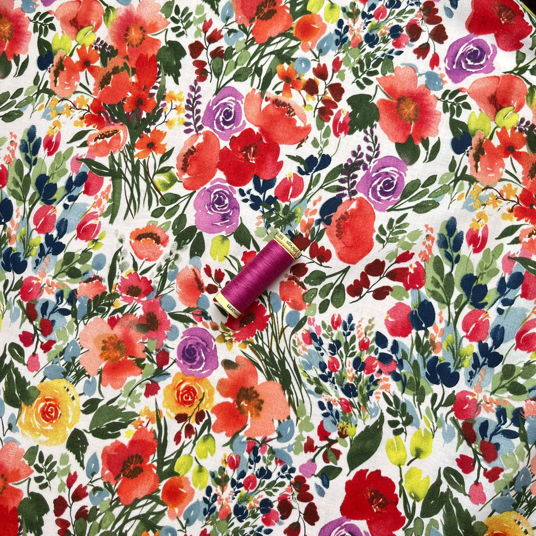 Watercolour Blooms on White Cotton Lawn Fabric