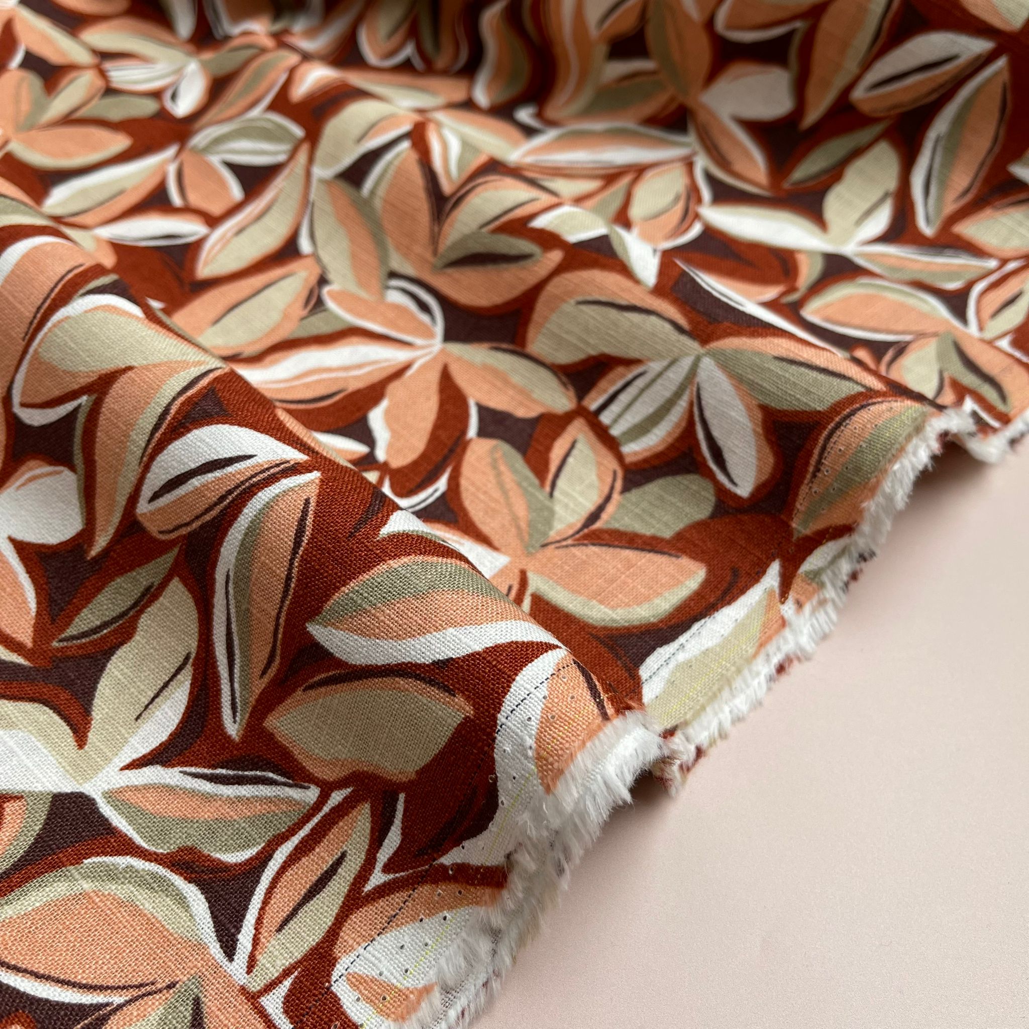 Leaves Enzyme Washed Pure Linen Fabric in Rust