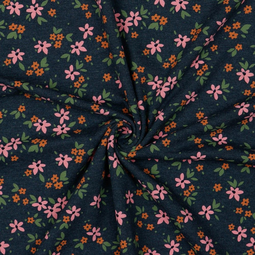 Pink Flowers on Navy Melange Jersey Fabric