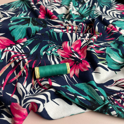 REMNANT 0.4 Metre - Tropical Leaves on Navy Viscose Jersey Fabric