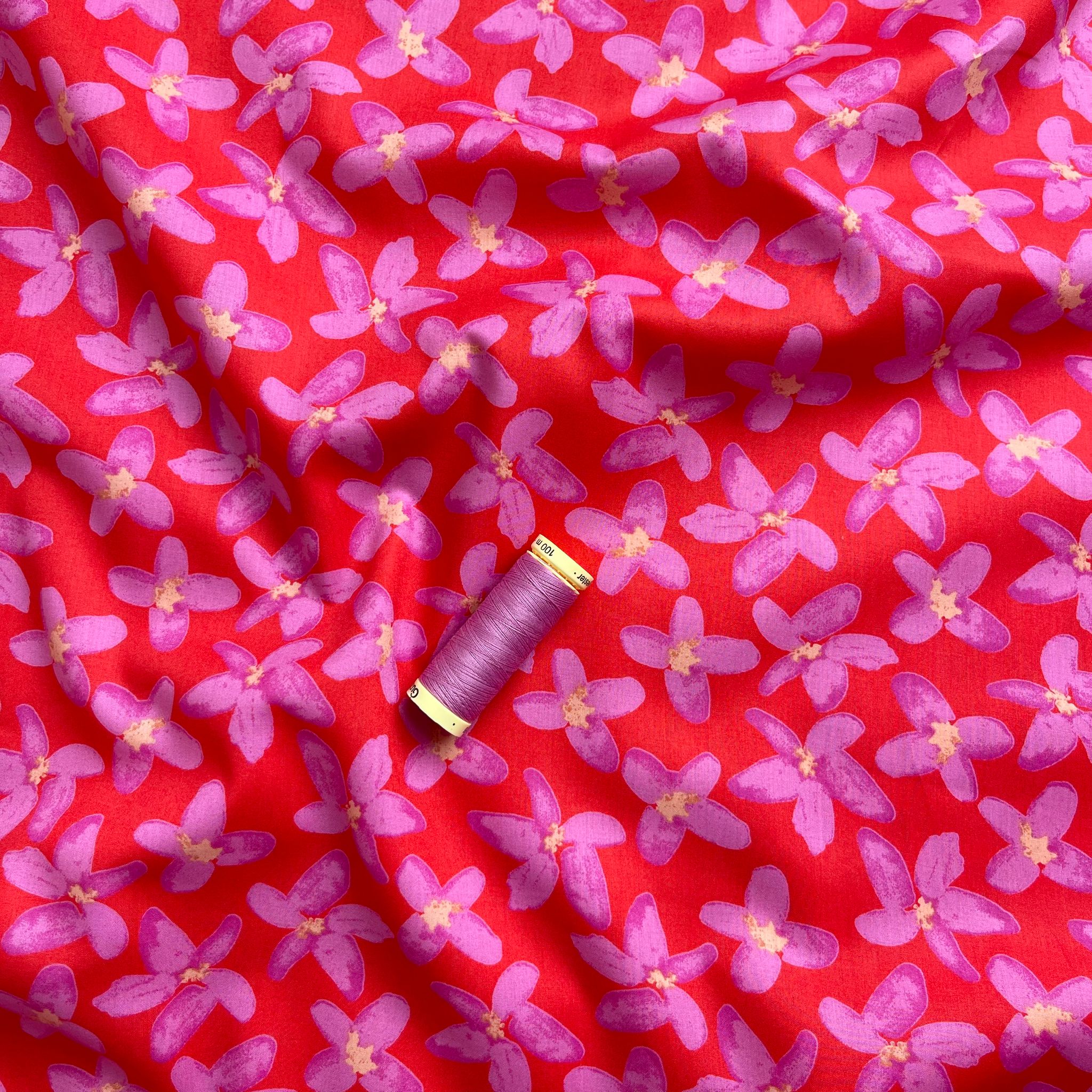 Painted Pink Flowers on Red Cotton Lawn Fabric