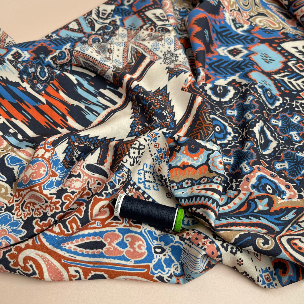 Bohemian Tiles Royal Blue Viscose / Rayon Fabric