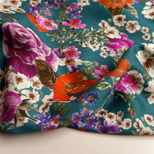 REMNANT 1.68 Metres - Blossoms on Teal Modal Blend Twill Dress Fabric