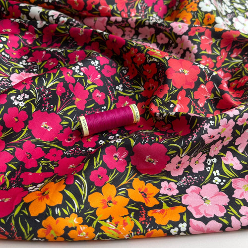 Magenta Meadow Flowers on Black Cotton Sateen Fabric