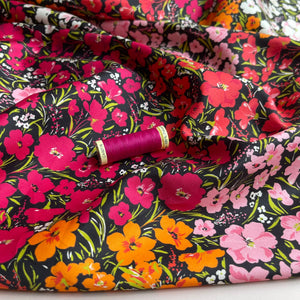 Magenta Meadow Flowers on Black Cotton Sateen Fabric