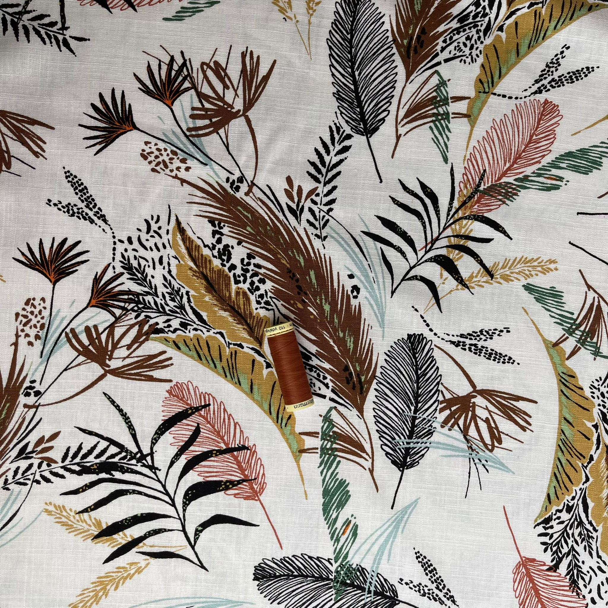 REMNANT 0.7 Metre - Artists Foliage on White Linen Viscose Blend Fabric