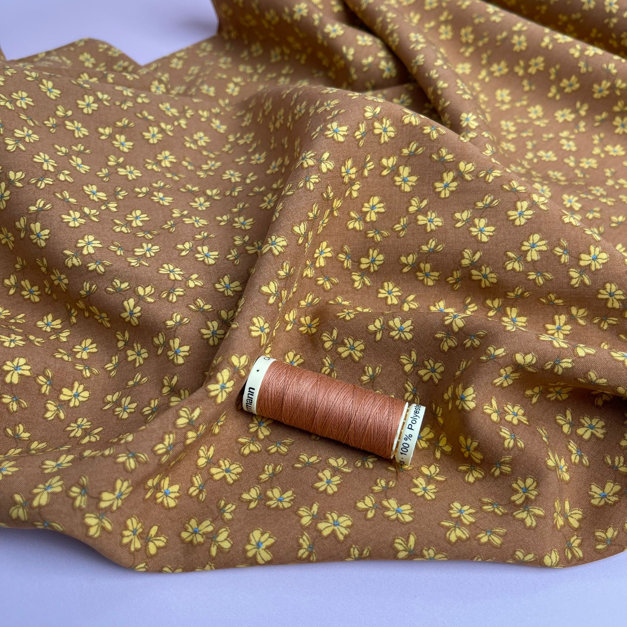 Ditsy Clover on Mustard Viscose Poplin Fabric