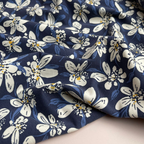 White Flowers on Navy Recycled Cotton French Terry