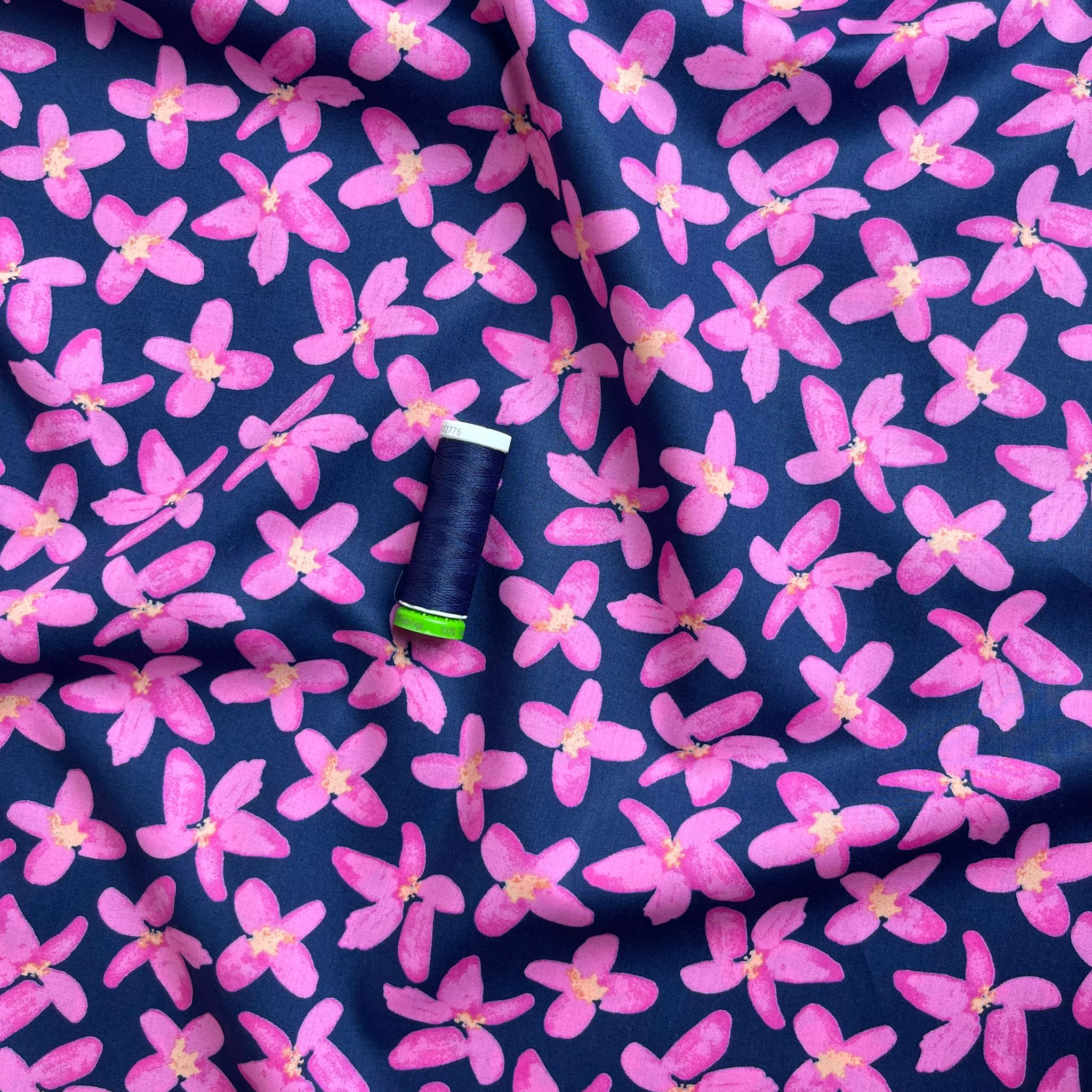 Painted Pink Flowers on Navy Cotton Lawn Fabric