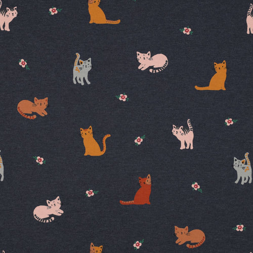 REMNANT 0.65 Metre - Cute Cats in Indigo Melange Cotton Jersey Fabric