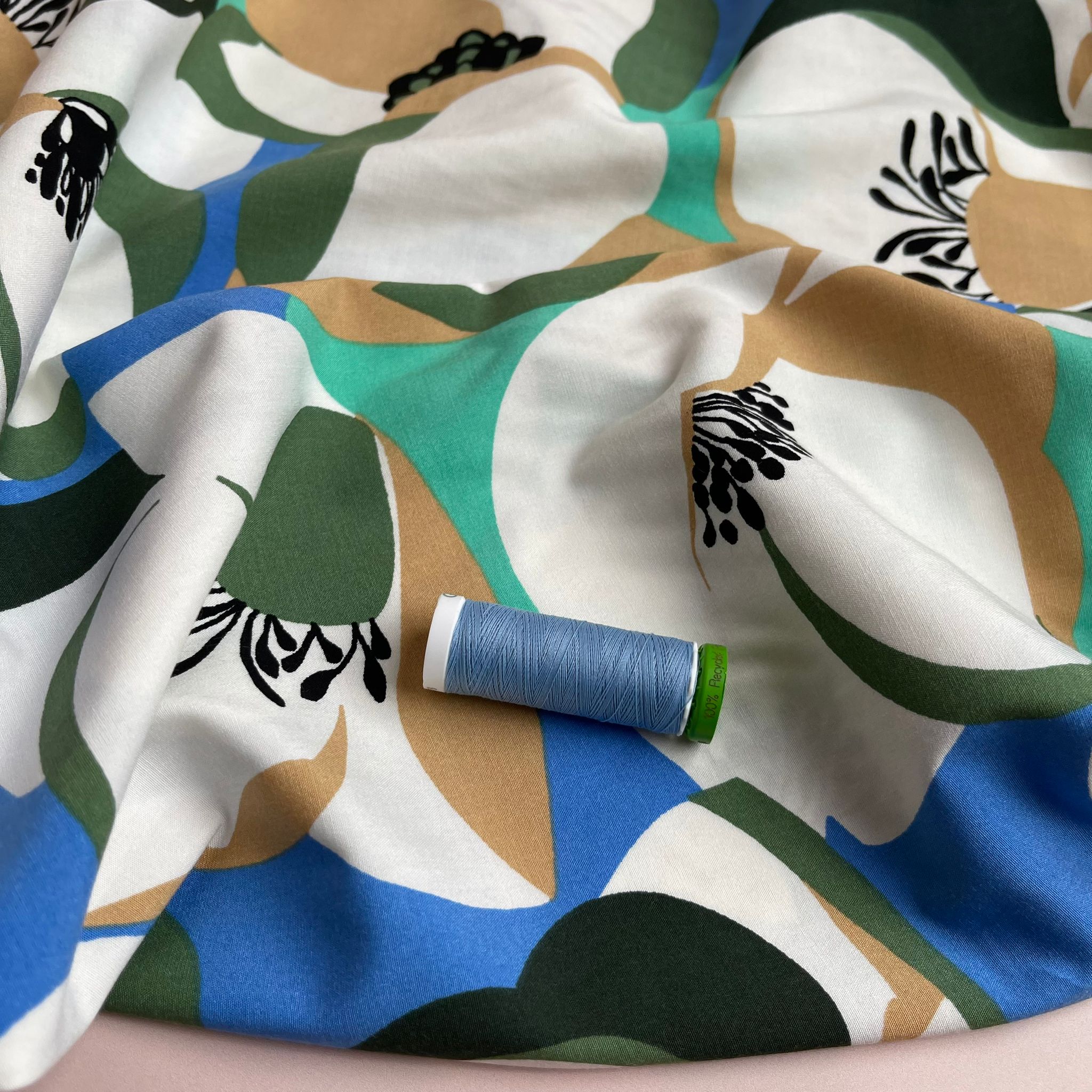 Graphic Abstract Poppy Green Stretch Viscose Poplin Fabric