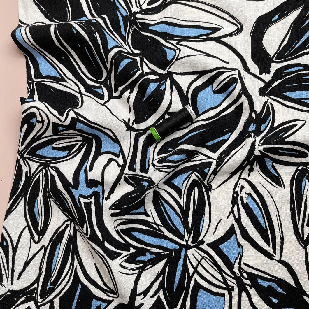 Abstract Foliage Sky Blue Linen Viscose Blend Fabric