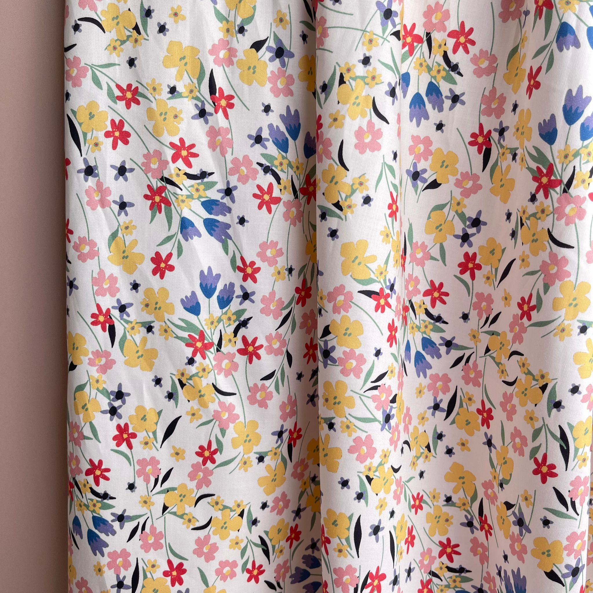 Ditsy Flowers on White Cotton Sateen Fabric