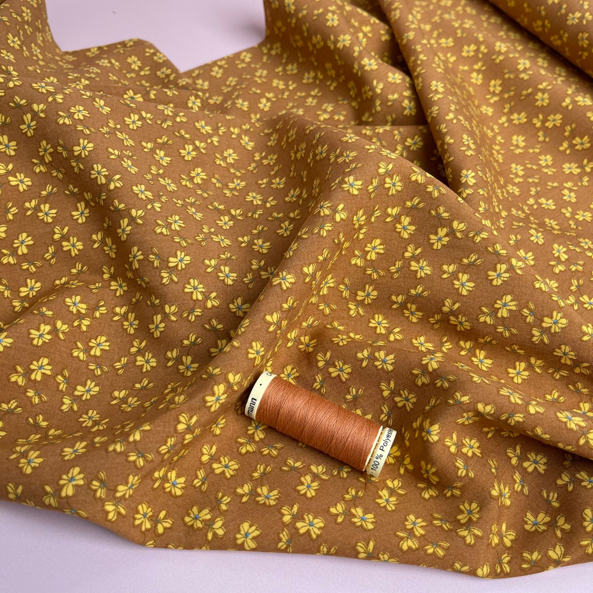Ditsy Clover on Mustard Viscose Poplin Fabric