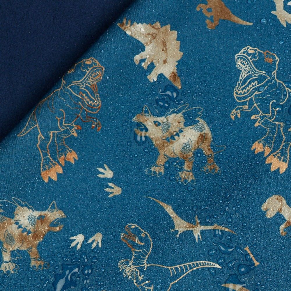 Dinosaurs in Petrol Soft Shell Fleece Fabric