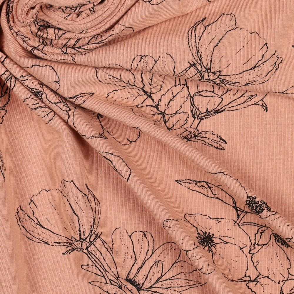 Botanical Flowers in Peach Bamboo Cotton Jersey