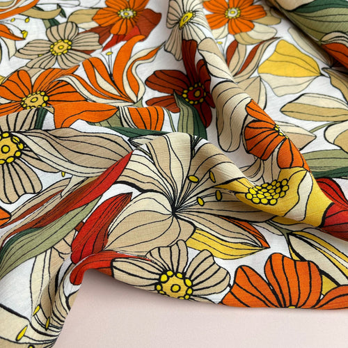Autumn Flowers Crinkle Viscose Poplin Fabric