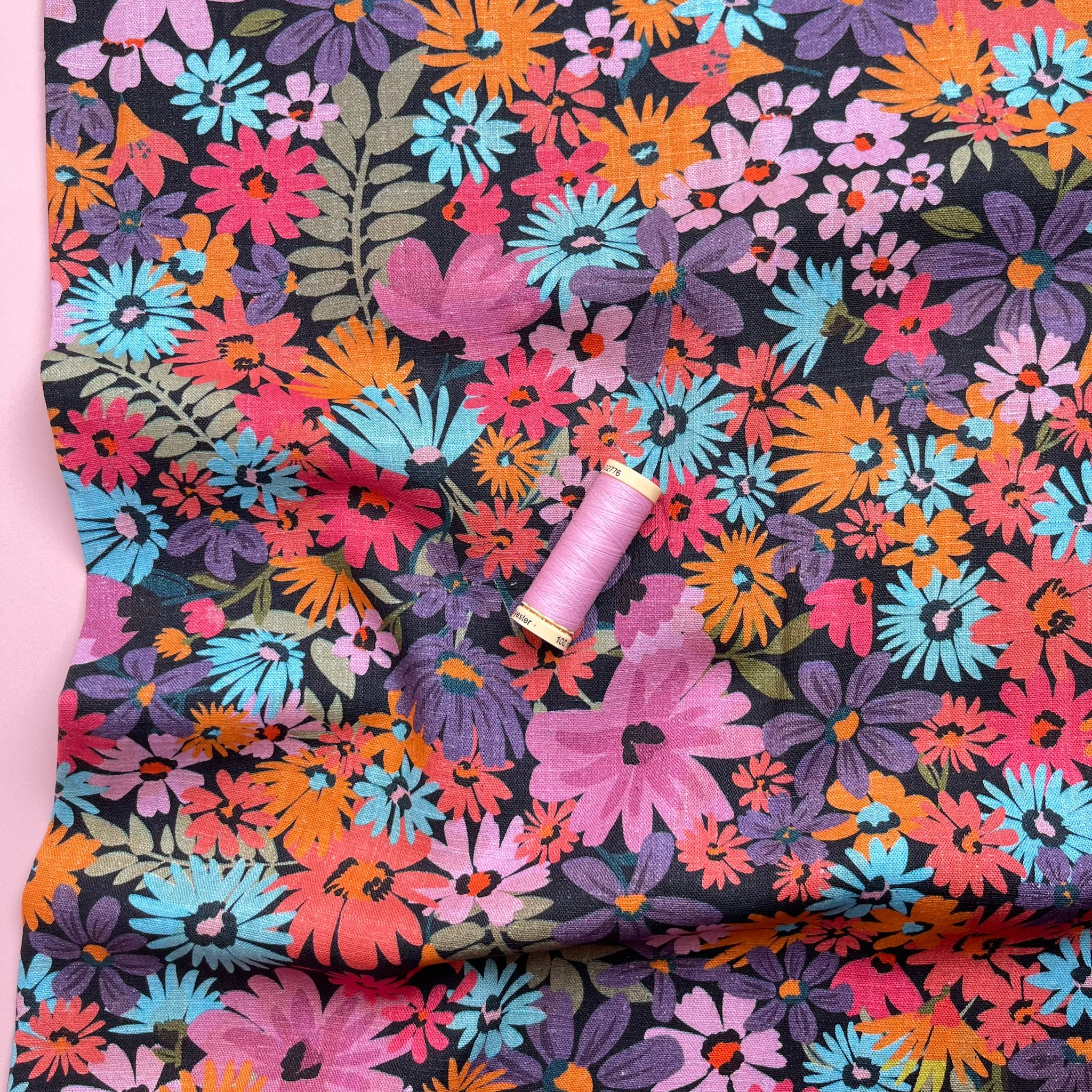 REMNANT 0.43 Metres - Pink Wildflowers Viscose Linen Fabric