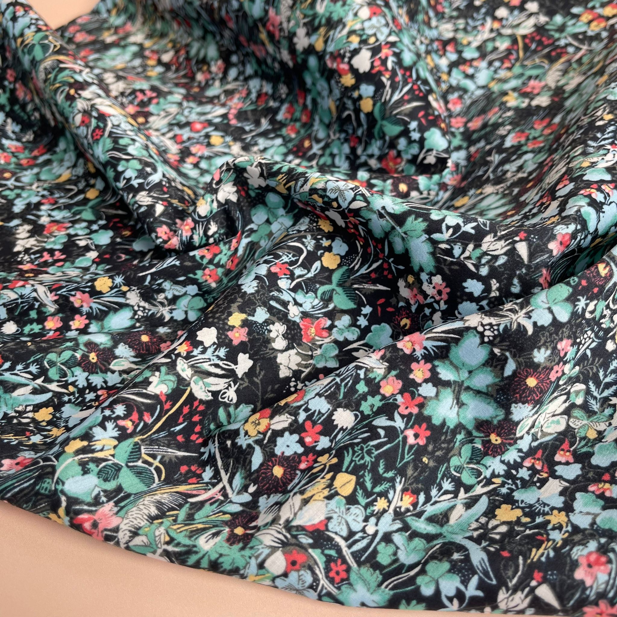 Viola Tricolour Black with Teal Cotton Lawn Fabric