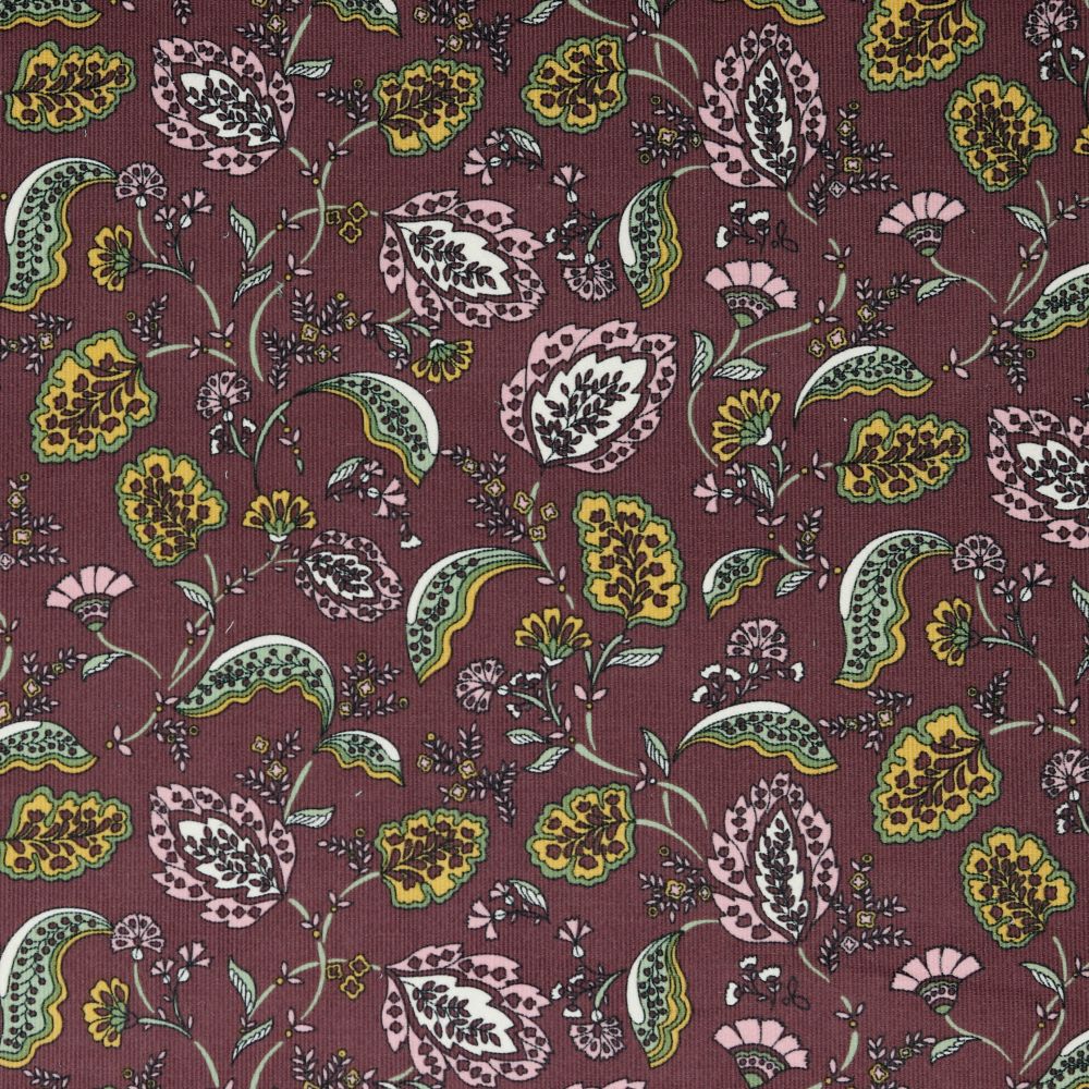 REMNANT 2.6 Metres - Delicate Paisley in Aubergine Cotton Needlecord
