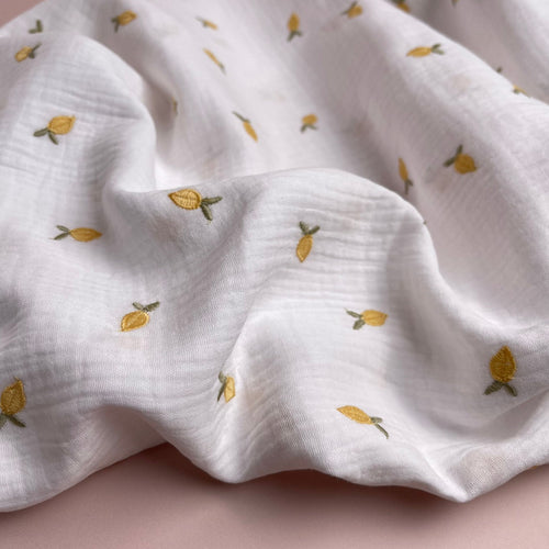 REMNANT 1.16 Metres - Embroidered Lemons on White Cotton Double Gauze