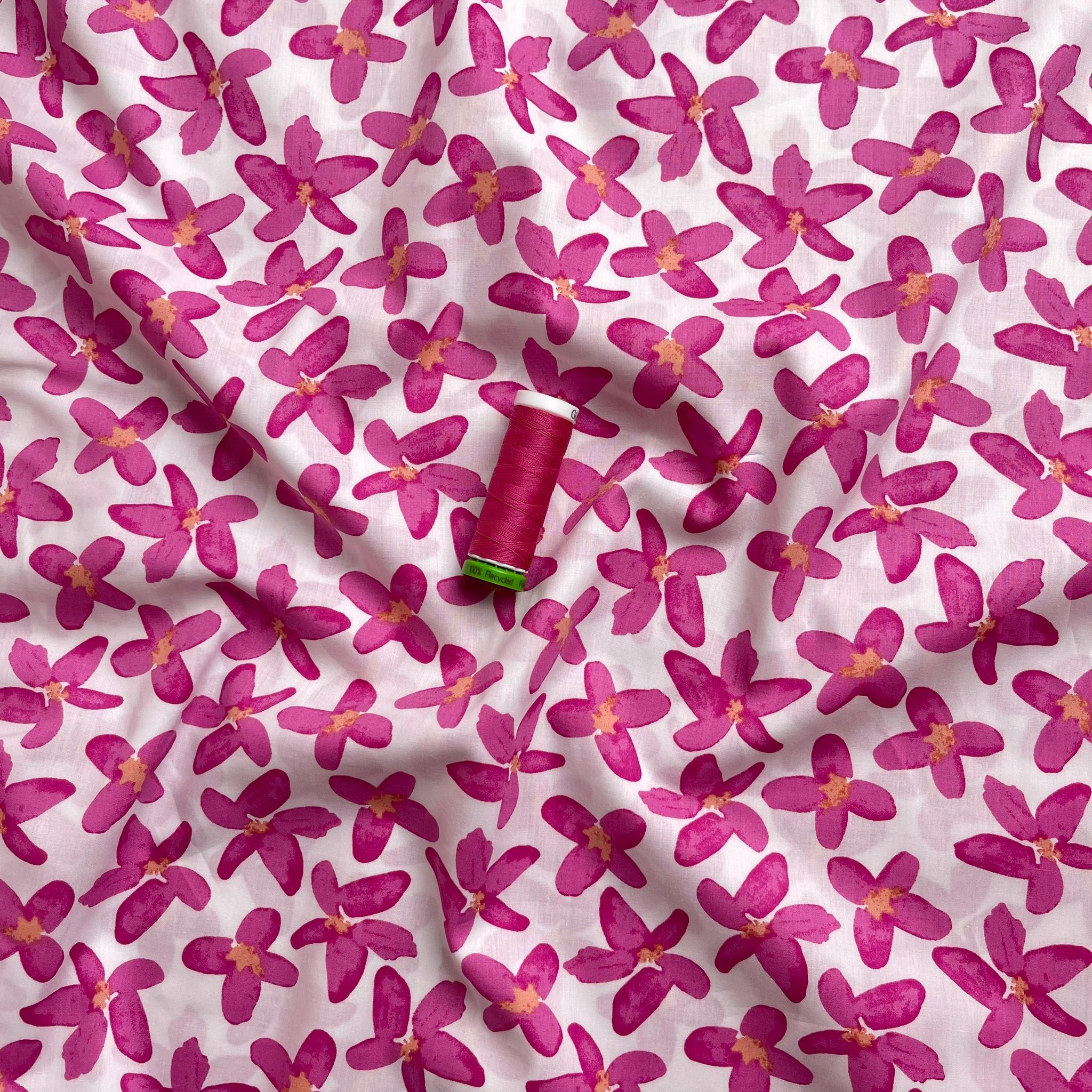 Painted Pink Flowers on White Cotton Lawn Fabric