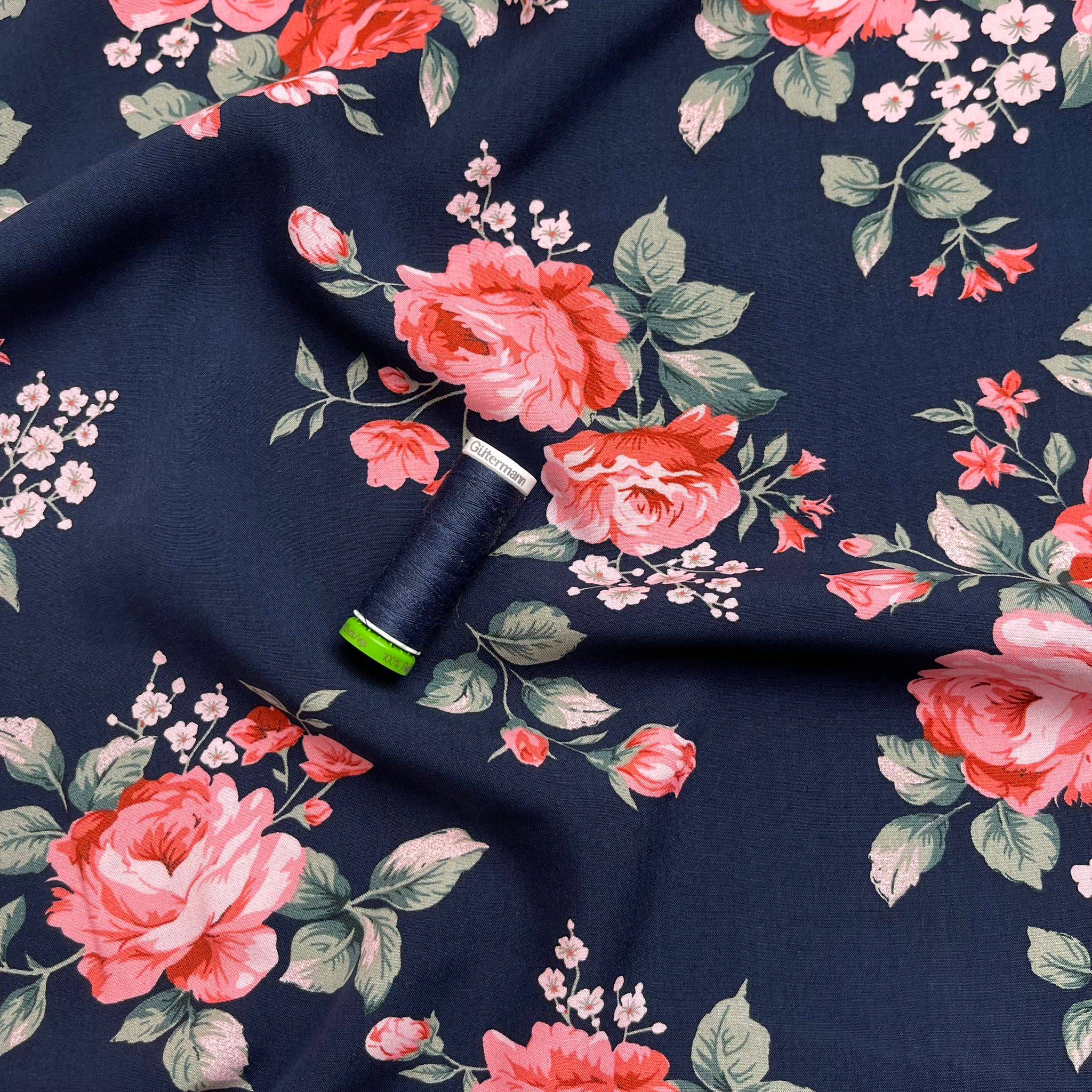 REMNANT 1.62 Metres - Roses on Navy Viscose Fabric