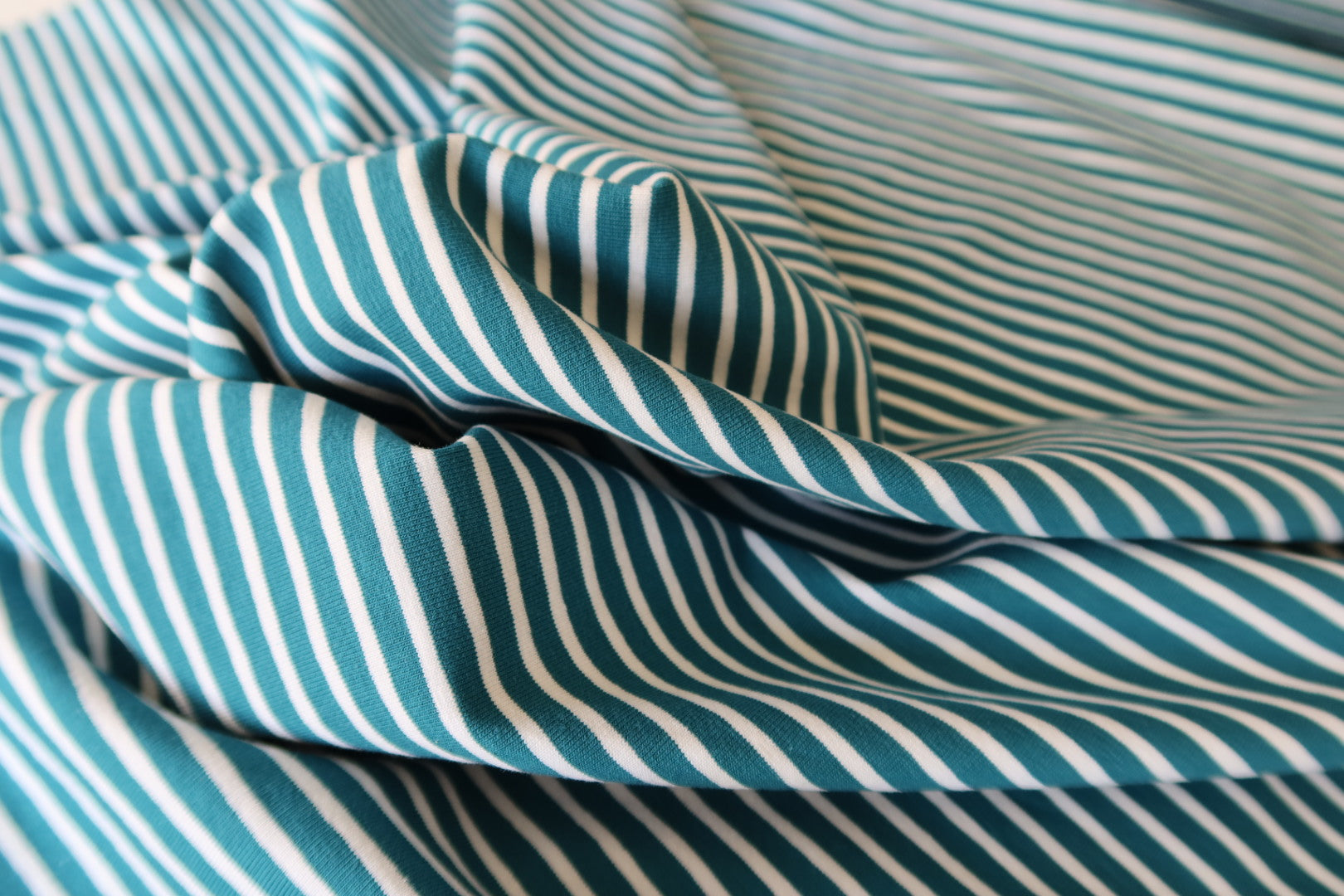 Teal with White Small Stripe Cotton Jersey Fabric
