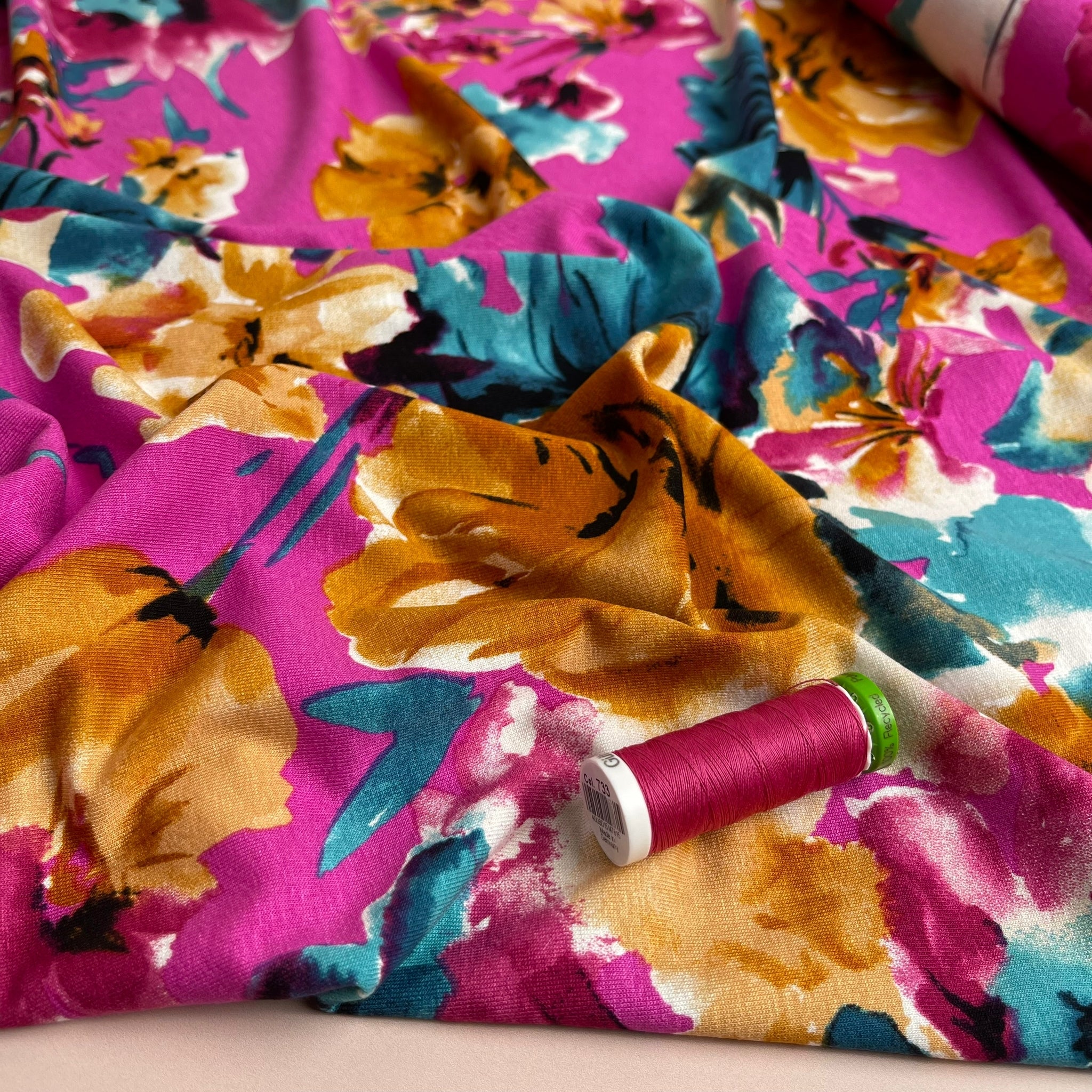 Watercolour Blooms Fuchsia Viscose Jersey Fabric