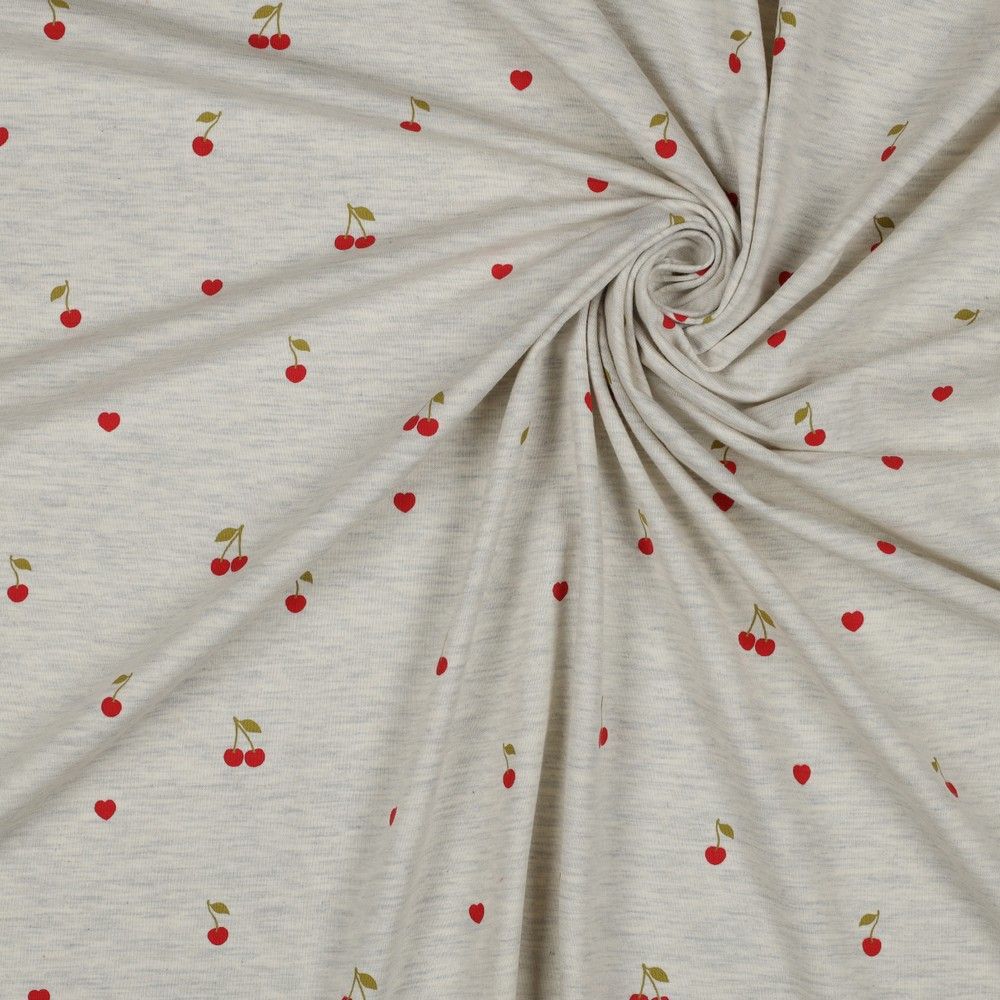 REMNANT 1.77 Metres - Cherries and Hearts Ecru Melange Cotton Jersey Fabric