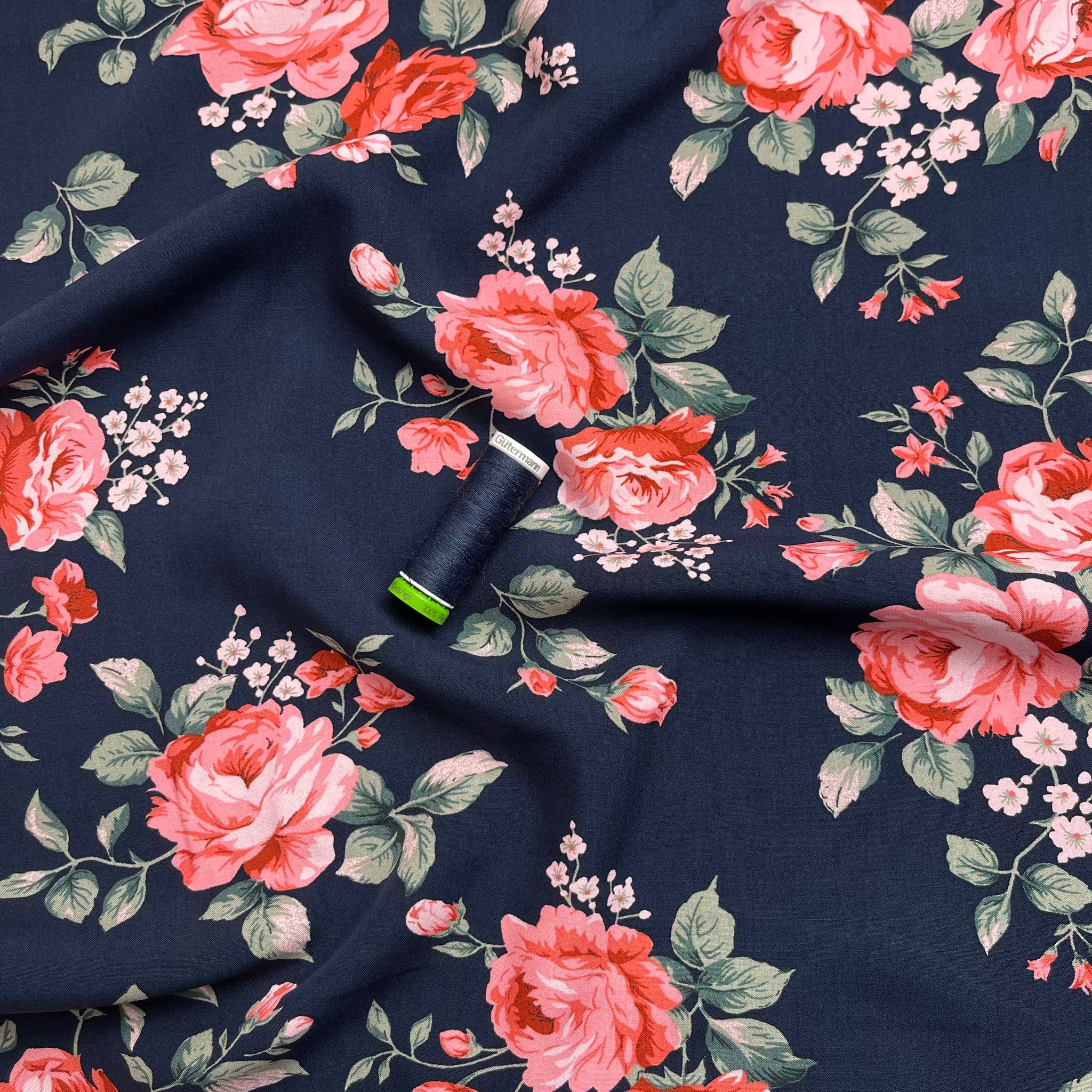 REMNANT 1.62 Metres - Roses on Navy Viscose Fabric