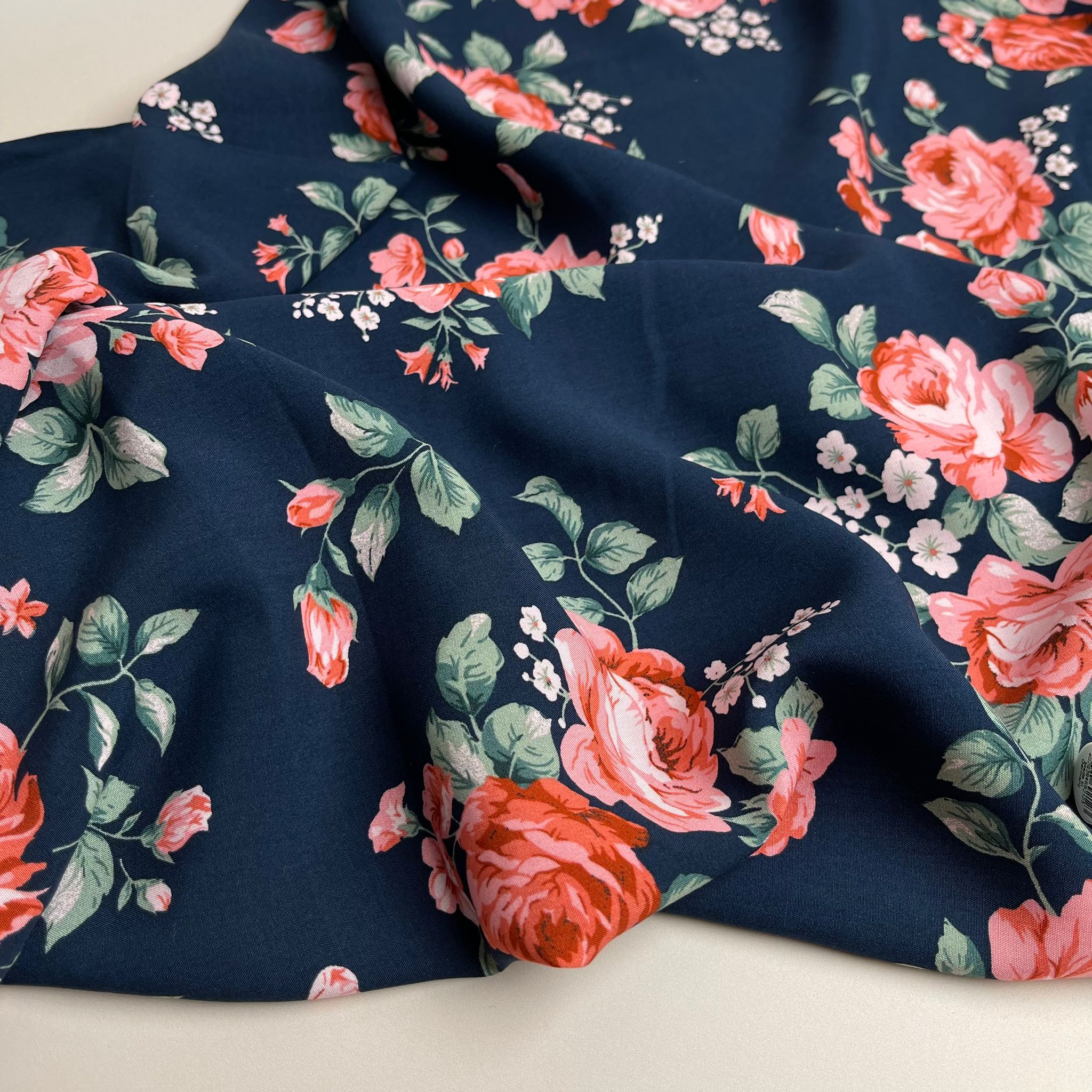 REMNANT 1.62 Metres - Roses on Navy Viscose Fabric