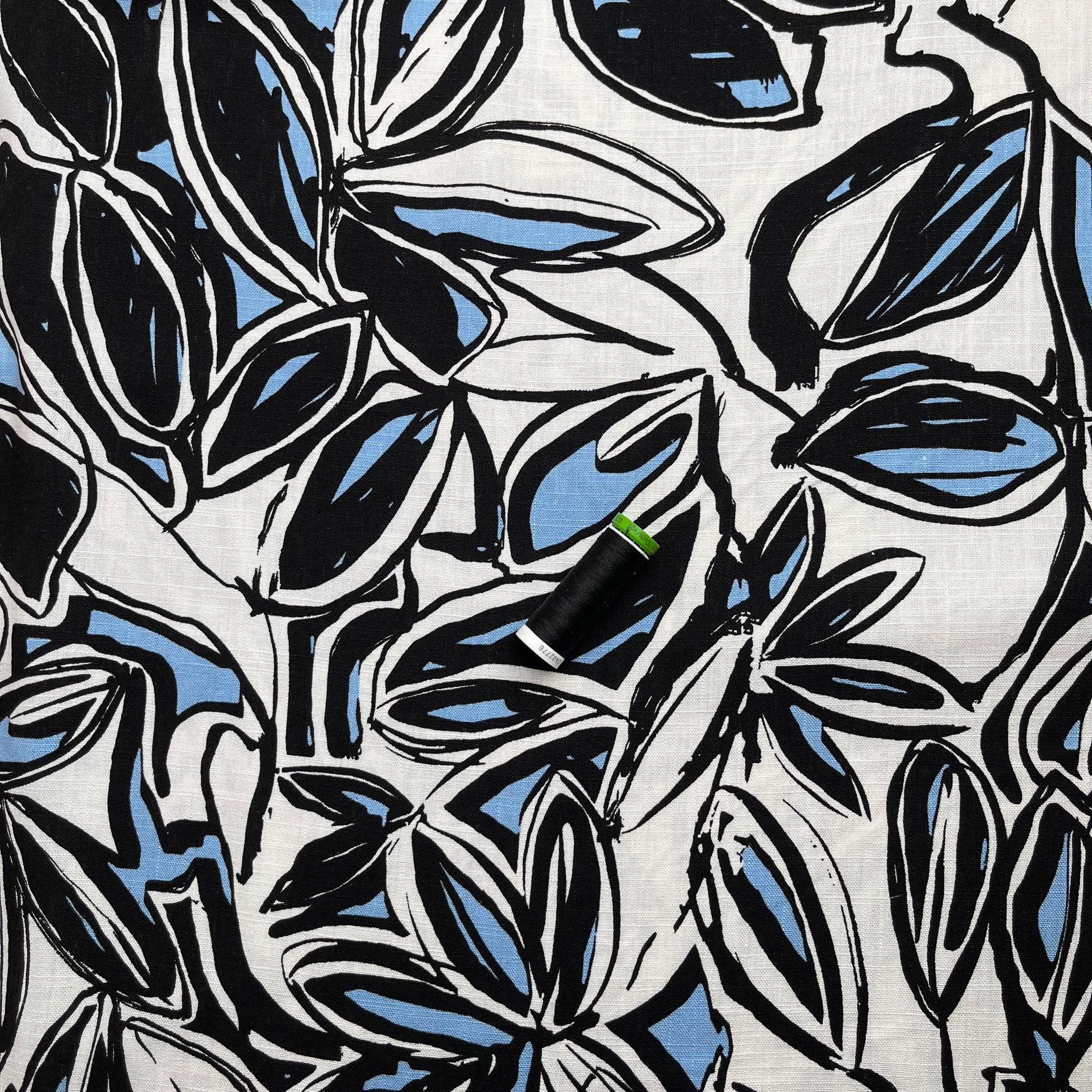 Abstract Foliage Sky Blue Linen Viscose Blend Fabric