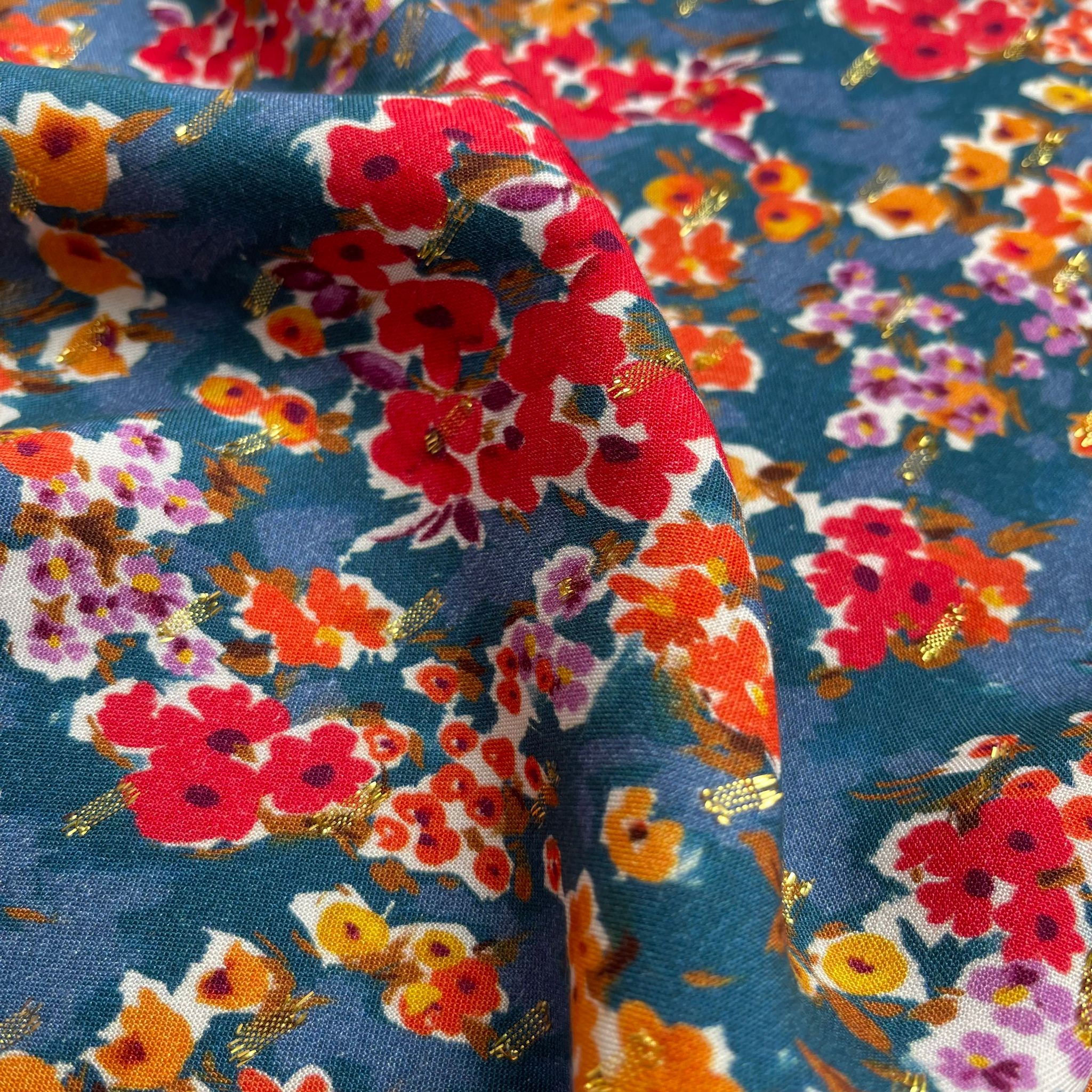 Blossoms on Blue with Lurex Viscose Fabric