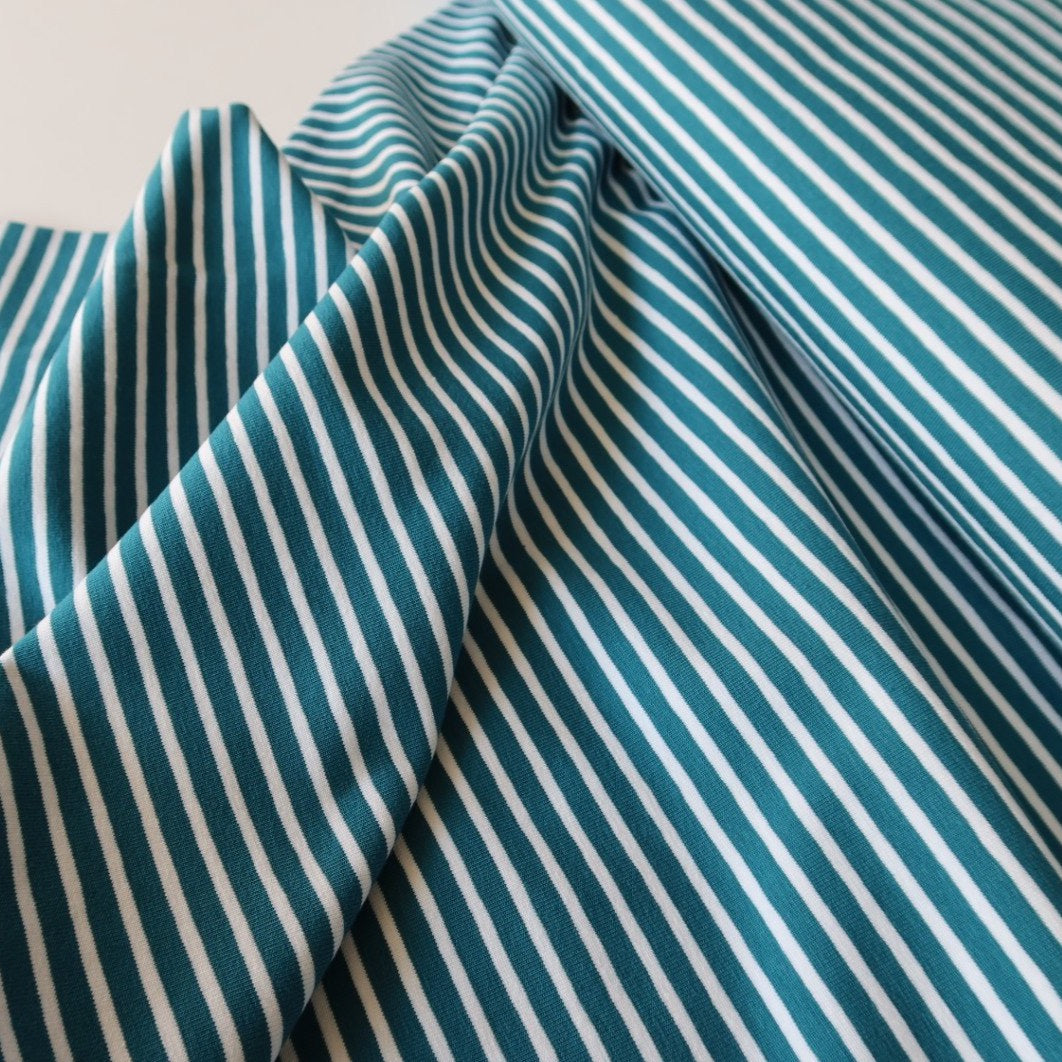 Teal with White Small Stripe Cotton Jersey Fabric