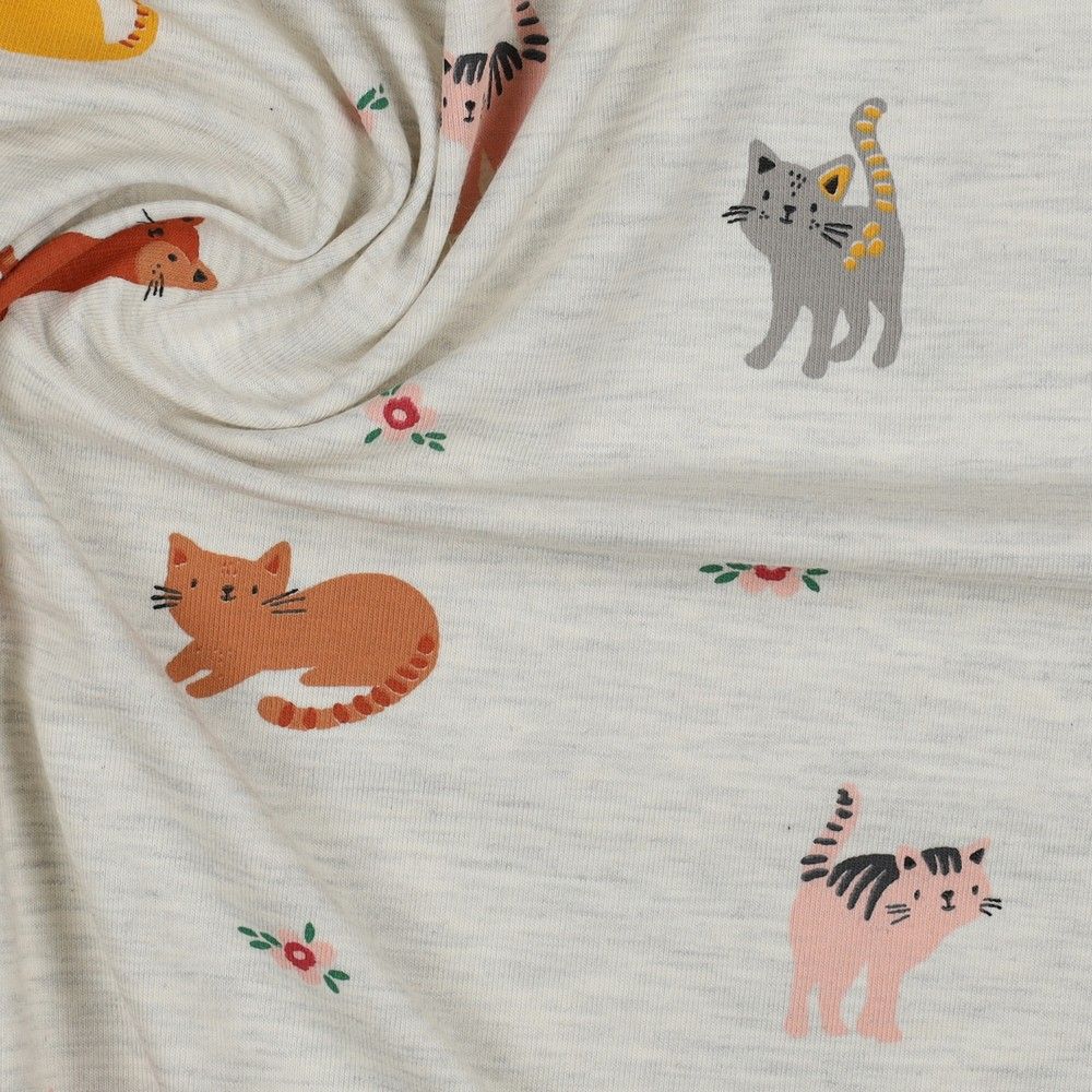 Cute Cats in Light Grey Melange Cotton Jersey Fabric