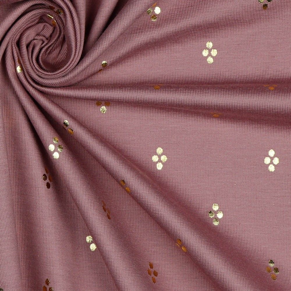 Gold Dots on Mauve Cotton Jersey Fabric