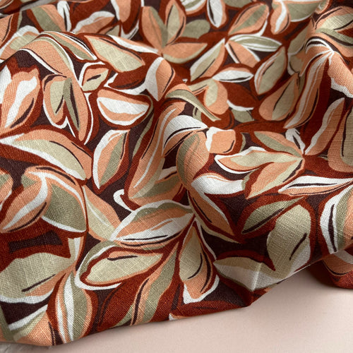 Leaves Enzyme Washed Pure Linen Fabric in Rust
