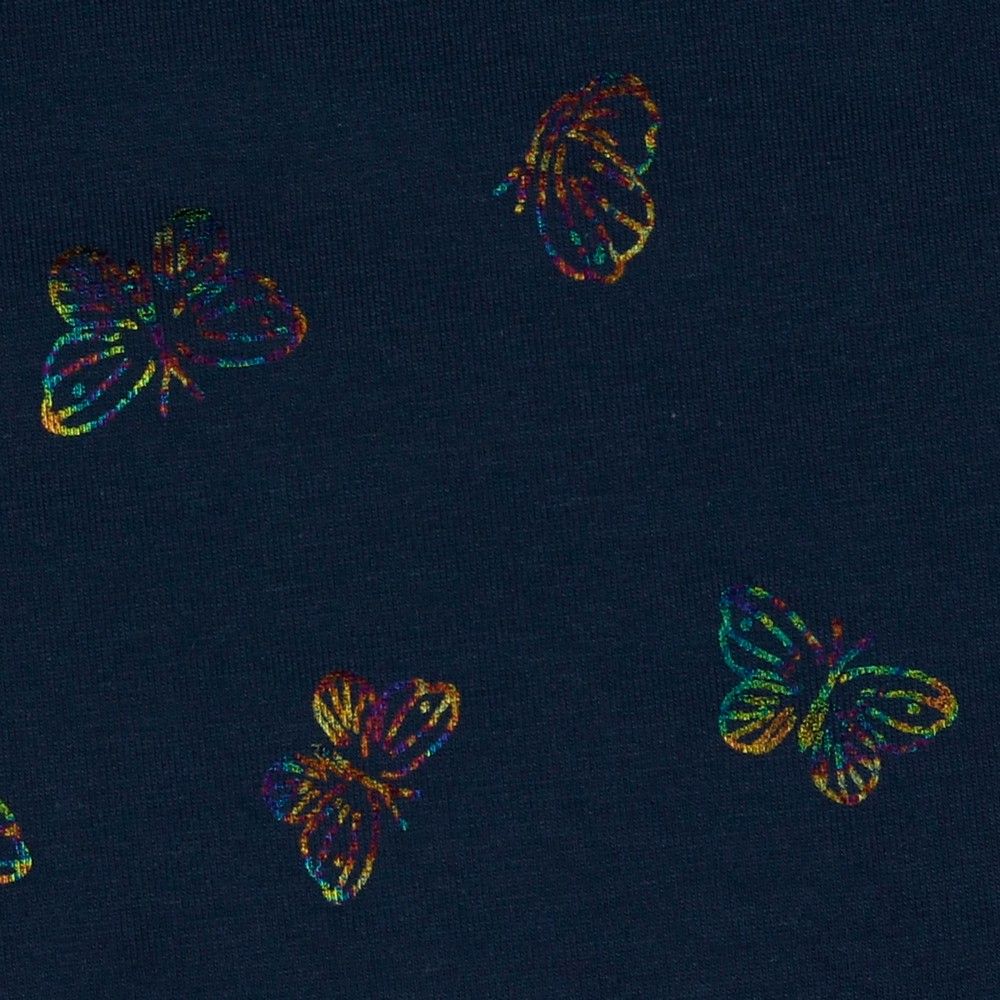 Rainbow Butterflies on Navy Cotton Jersey Fabric
